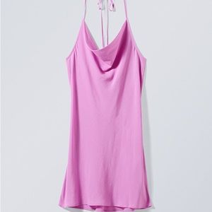 Weekday Halter Slip Dress in Light Pink Purple Satin Silk Cowl Neck Mini Short